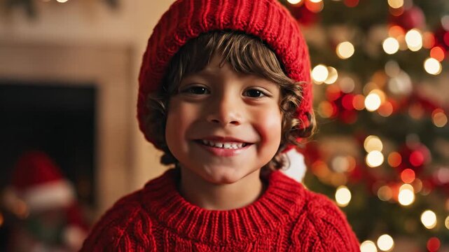 Happy Child Portrait in Winter Knitwear - A close-up portrait of a cute mixed-race child smiling in a red knitted sweater and hat.