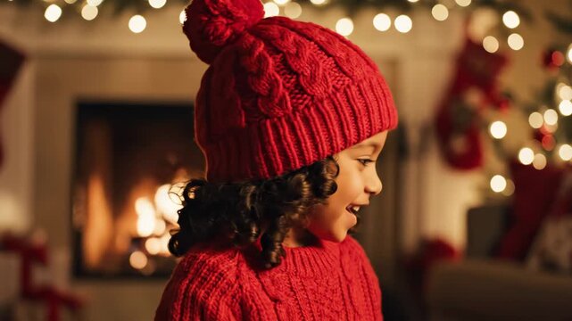 Happy Child in Winter Knitwear by Fireplace - A cute mixed-race child wearing a red knitted sweater and hat smiles indoors with a soft, warm glow.