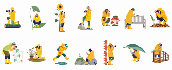 Fototapeta premium Collection of diverse nature photographers in yellow raincoats capturing images of caterpillars and plants in various outdoor environments.