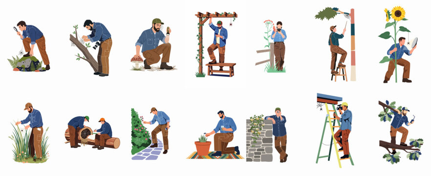 Set of illustrations depicting entomologists and naturalists studying spiders and webs in various outdoor and garden environments.