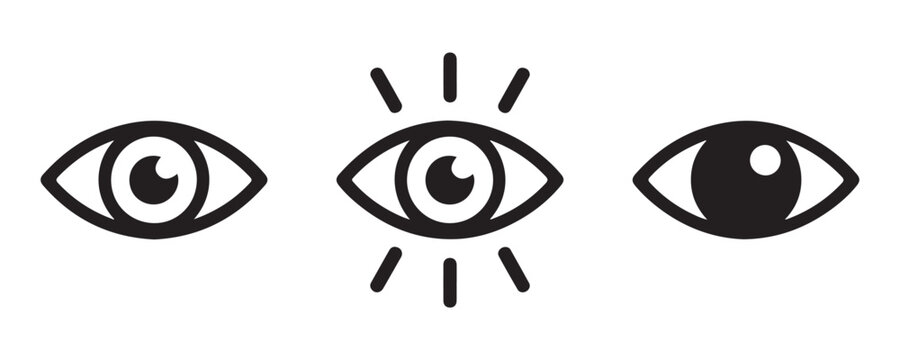 Linear eye icons with rays and focus elements for monitoring and observation concepts on transparent grid.