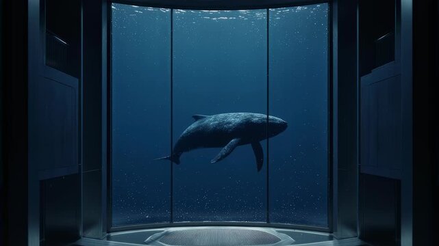 Silent deep sea elevator descending beside a gigantic whale
