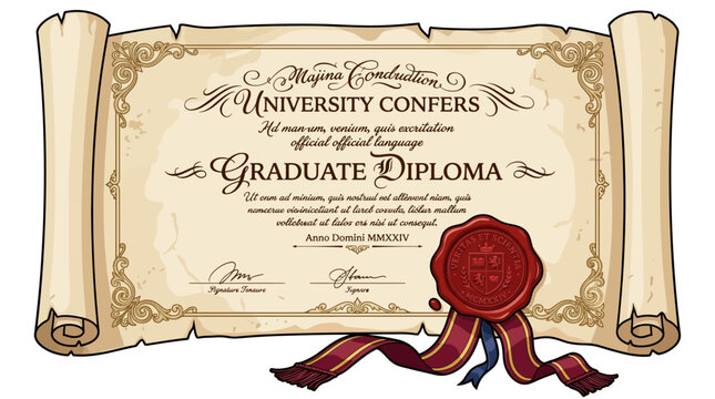 University graduate diploma with ornate border and seal