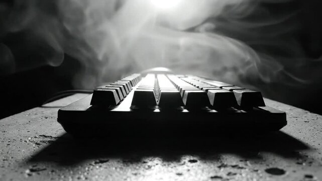Low Angle Dramatic Black and White Shot of a Keyboard Lit Up by a Single Spotlight with Smoke