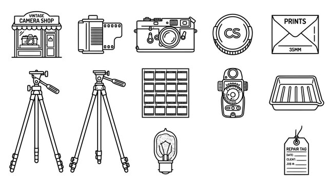 Set of various line art icons representing vintage camera shop and photography equipment including tripods, film, light meter, coin, and repair tag.