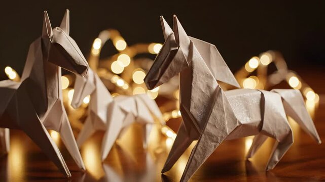 Elegant Paper Origami Horse Sculpture - This video showcases three elegant paper origami horses illuminated by soft, warm festive lights.