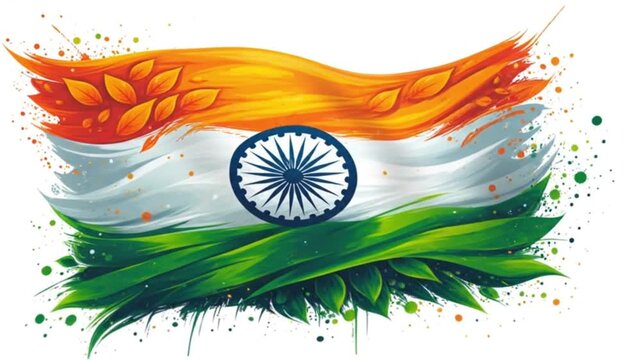 Vibrant brushstroke rendition of a national tricolor, adorned with organic leaf motifs, symbolizing unity, patriotism, and artistic spirit