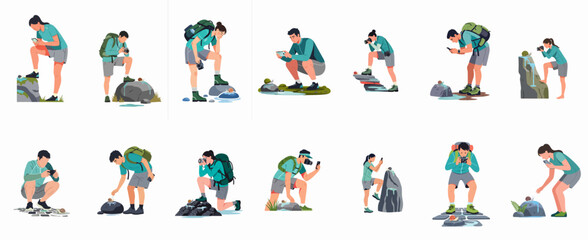 Fototapeta premium Collection of hikers and outdoor photographers taking macro photos of snails on rocks using cameras and smartphones, isolated on a white background.