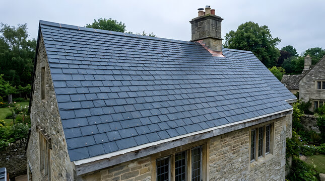 Slate roof on stone building | Historical architecture renovation and roofing maintenance | Hand-cut slate tiles with copper nails | British cottage style masonry | High-quality craftsmanship 