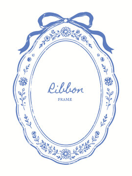 Blue floral ribbon oval frame vector illustration