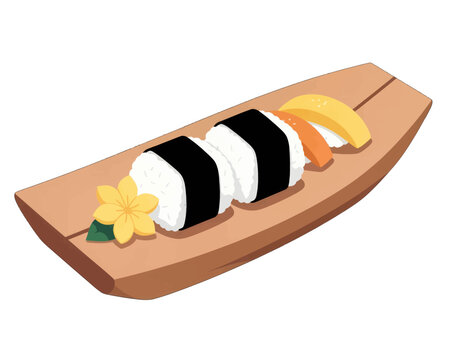 Sushi Roll and Tamago on Wooden Boat Plate, Isolated Vector Illustration for Food Menu or Restaurant Branding