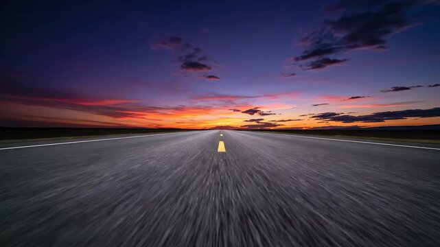 Twilight Road: Asphalt Under a Stunning Sky - A low-angle view of a large asphalt road receding into the horizon under the stunning colors of the twilight sky.