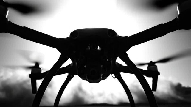 Black and white low angle shot of a drone silhouetted against a bright sky, emphasizing technology and perspective