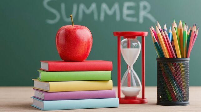 Red apple on colorful books with hourglass and colored pencil jar