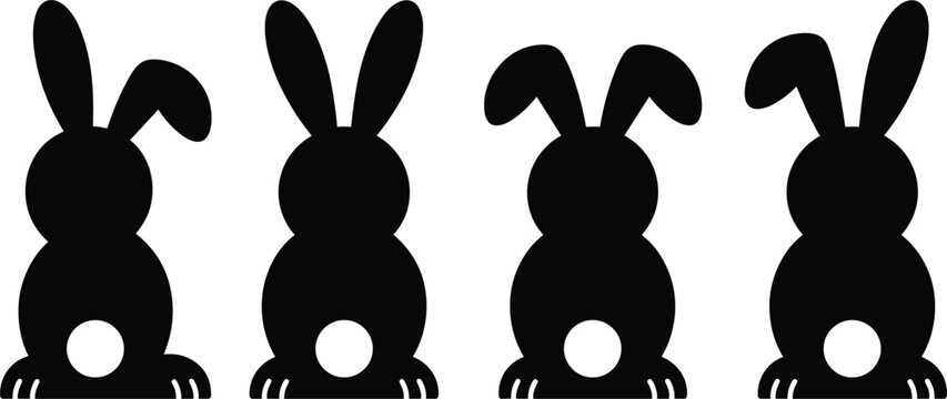 Black silhouette of four bunny rabbits seen from behind on white background Keywords: bunny, rabbit, silhouette, black and white