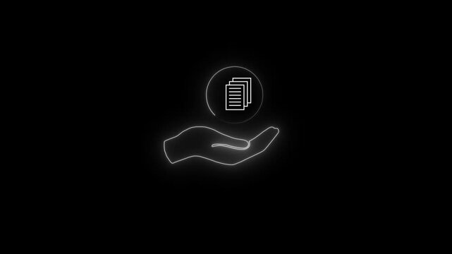 White outline of a hand holding a circle with stacked documents icon inside against a black background