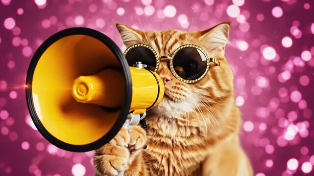 Ginger Cat Announcing with Megaphone - A ginger cat wearing sparkling sunglasses is speaking into a yellow megaphone.