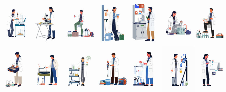 Collection of diverse scientists and lab technicians in white coats conducting various experiments and research using laboratory equipment, isolated on white background.