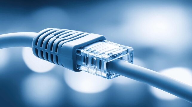 Close-up of a high-speed ethernet network data cable connector plugged into a port