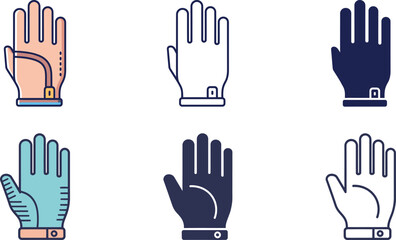 Fototapeta premium Collection of six flat vector illustrations depicting various hand gestures with wristbands, isolated on a plain background.