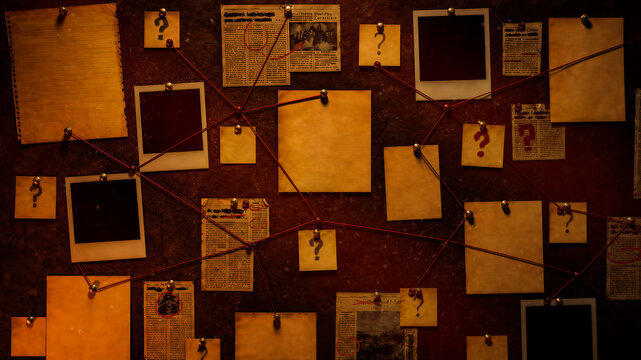 Quadro de detetive com papeis, fotos, peda&ccedil;os de jornais e interroga&ccedil;&otilde;es, cena de investiga&ccedil;&atilde;o e mist&eacute;rio sombrio