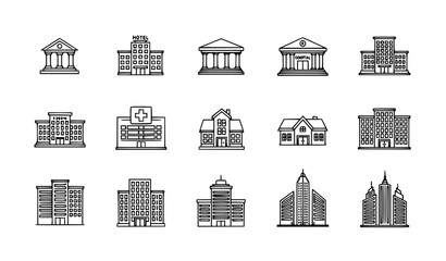 Obraz premium Urban building outline icon set with bank hotel hospital and city skyscraper vector collection