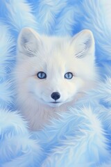 Fototapeta premium White fox with bright blue eyes rests in soft, fluffy blue fur. Peaceful and curious gaze captures gentle, serene winter wonder. Ideal for holiday, nature, or wildlife-themed designs