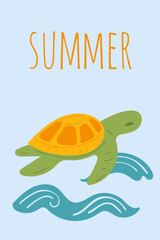 Cartoon Turtle Character Summer Poster. Cute Marine Wild Animal Fun Card background. Summer Ocean Coastal Beach Resort Rest Theme. Exotic Tropical Life Nostalgic Retro 90s Design Element © vanillamilk