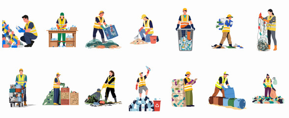 Collection of waste management workers sorting and recycling plastic, paper, and glass materials to protect the environment. © Telu