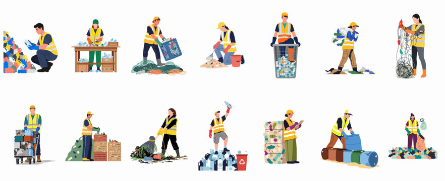 Collection of waste management workers sorting and recycling plastic, paper, and glass materials to protect the environment.