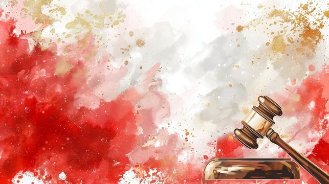 Gavel resting on wooden block, set against vibrant red and gold watercolor splashes. Abstract background suggests legal or judicial themes. Ideal for courtrooms, legal documents