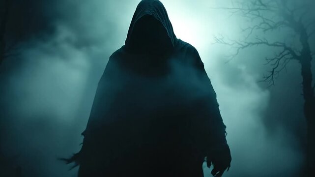 A hooded figure emerges from the dense fog and mist in a dark forest.
