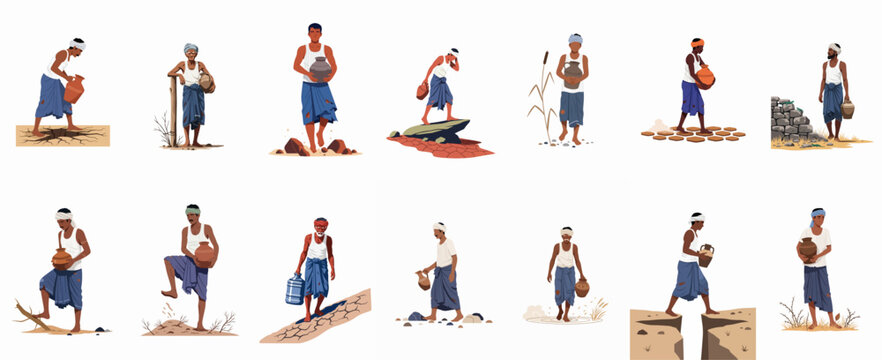Set of Indian Men Carrying Water Pots in Drought Conditions, Depicting Water Scarcity and Rural Life Challenges, Flat Vector Illustration