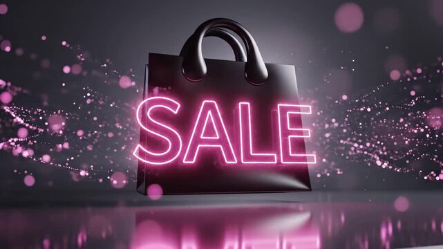 Futuristic Glowing Sale Promotion - An elegant black shopping bag with a glowing pink "SALE" text is levitating.