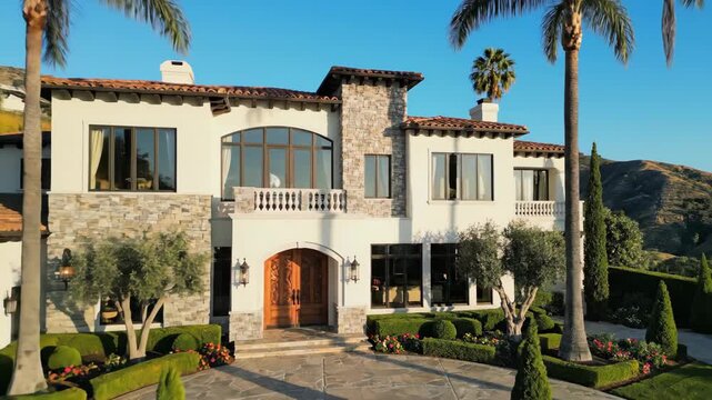 Luxurious Beverly Hills Estate - A beautiful single-family home in Beverly Hills features white stucco walls, stone accents, and a large wooden door.