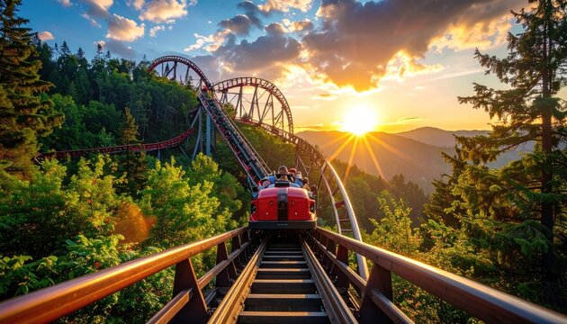 Rollercoaster ride at sunset in mountains, thrill and adventure, amusement park fun