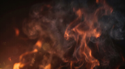 Fototapeta premium A close-up view of burning flames and smoke in darkness.