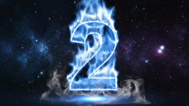Glowing Blue Flaming Number Two Motion Graphic.