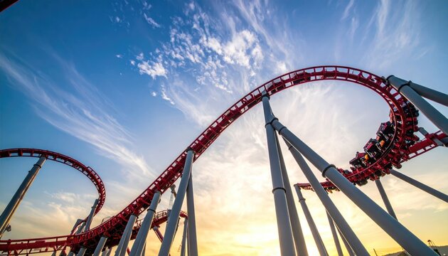 Thrilling Roller Coaster Ride Under a Dramatic Sunset Sky