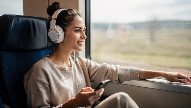 Smiling Female Traveler Listening to Music and Looking out Train Window