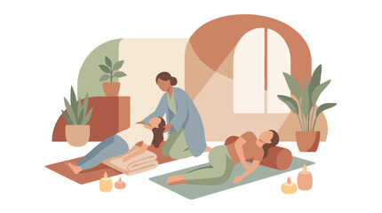 Obraz premium Massage Therapy Session With Two Therapists And Clients.