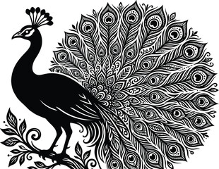 Fototapeta premium Peacock silhouette with ornate tail feathers on a white background