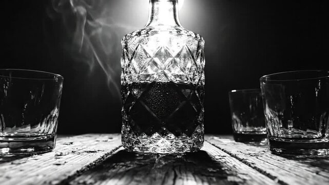 Low angle black and white shot of a liquor bottle and four glasses on a weathered wooden table with smoke and soft light in the background