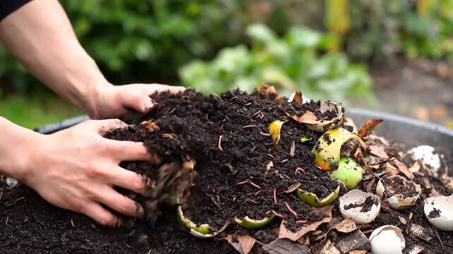 Hands Mixing Organic Compost Video.