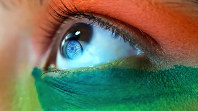 A close-up of a human eye with face paint reflecting the vibrant colors of national pride, symbolizing hope, unity, and a visionary outlook for the country's future