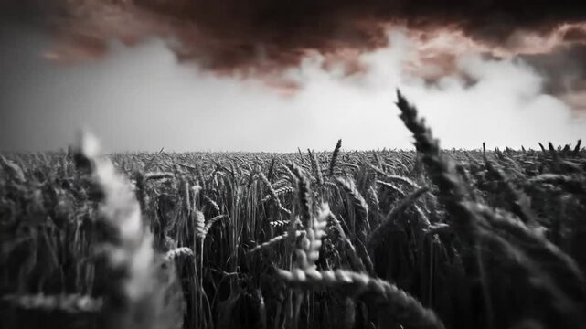 Dramatic slow motion wide angle shot of a wheat field against a stormy, ominous, and cloudy sky in black and white