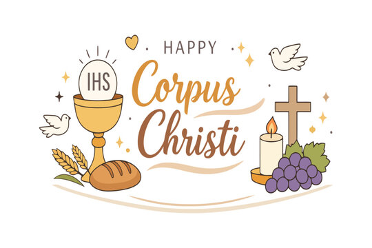 Happy corpus christi religious greeting card with chalice and bread symbols