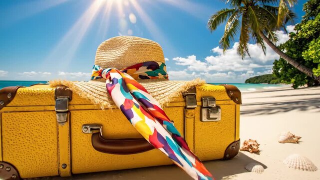 Summer Vacation at Tropical Beach with Suitcase - A yellow suitcase sits on a tropical beach ready for summer vacation, adorned with a straw hat and colorful scarf.