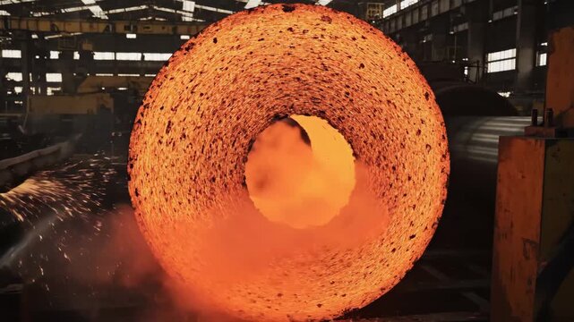 Hot Steel Strip Coiling in Factory - A hot, freshly manufactured steel strip is shown coiling on an industrial machine in a metal factory.