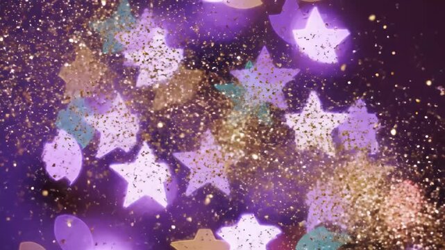 Star Shaped Bokeh and Glitter Background - This video features a backdrop with blurred, star-shaped bokeh in purple hues, overlaid with shimmering gold glitter particles.